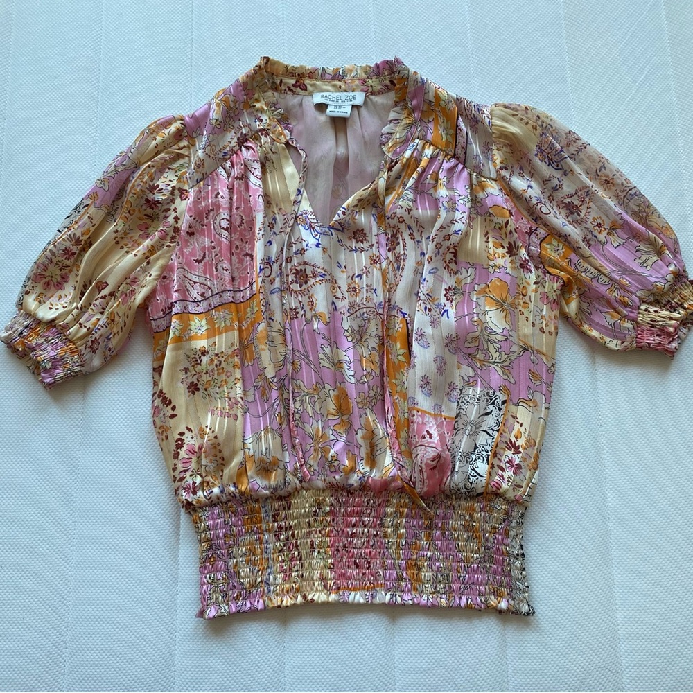 Rachel Zoe Pink & Cream Floral Smocked-Waist Blouse
